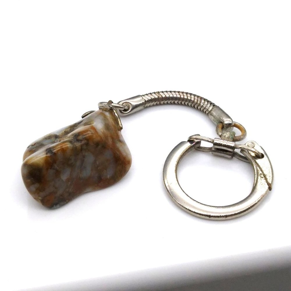 Vintage Polished Stone Keychain, Brown Tumbled Natural Rock with Silver Tone